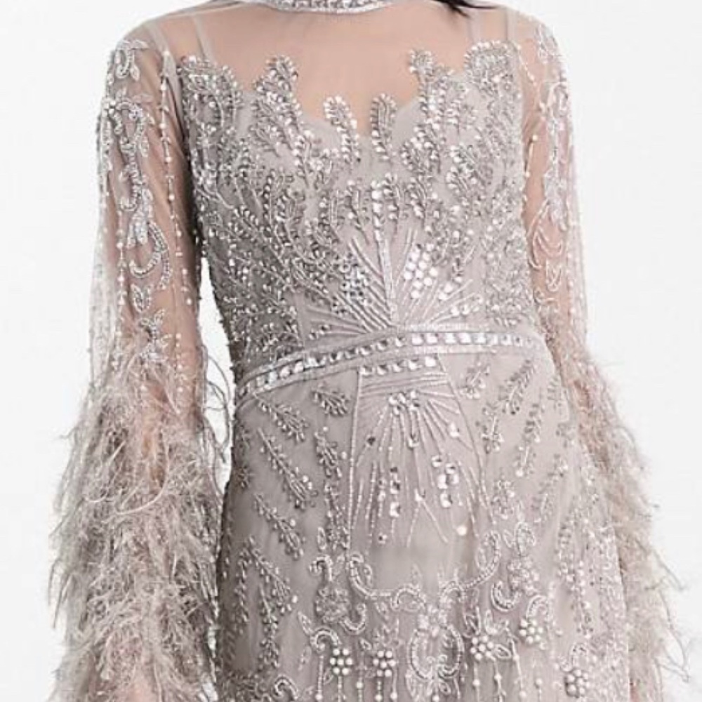 ASOS EDITION pearl and sequin long sleeve midi dress with faux feather hem